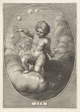 Element air as a child blowing bubbles on cloud, Cornelis van Dalen (II), Abraham van Diepenbeeck,