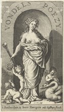 Muse Clio with trumpet and squirting milk from her breast, swan and putti at her feet, Cornelis van