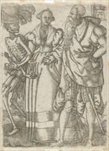 Couple with Death, print maker: Monogrammist AC, print maker: Allaert Claesz. possibly, Tobias