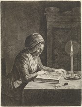 Dark room with woman reading, Johannes Christiaan Janson, 1778 - 1823