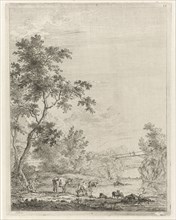 Mountainous landscape with shepherd and cattle by river, Johannes Janson, 1761-1784