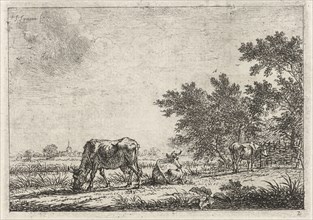 Three cows in pasture, Johannes Janson, 1761 - 1784