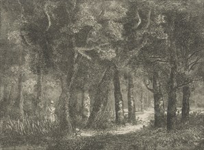 Hunter and his dog in the woods, Hermanus Jan Hendrik van Rijkelijkhuysen, 1823 - 1883