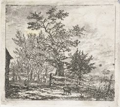 Dog in yard, print maker: Gerardus Emaus de Micault, 1835