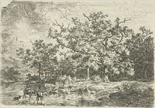 Landscape with trees and woman on a donkey in shallow water, Willem Jan van den Berghe, 1848
