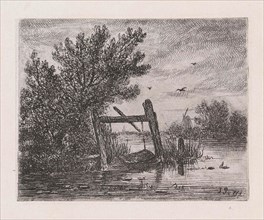 fish trap in a wooded waterfront, Johannes Pieter van Wisselingh, 1830 - 1878