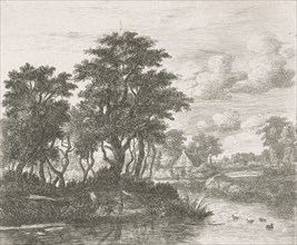 River landscape with an angler, Hermanus Jan Hendrik van Rijkelijkhuysen, Meindert Hobbema, 1823 -