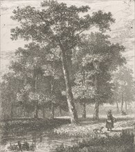 forest scene with a woman and a dog at a lake, Hermanus Jan Hendrik van Rijkelijkhuysen, 1823 -