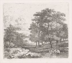 Wooded landscape with two men conversing, Hermanus Jan Hendrik van Rijkelijkhuysen, 1823 - 1883