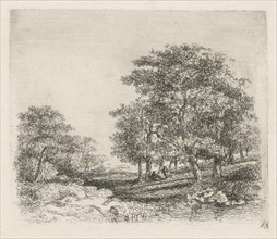 Wooded landscape with two men conversing, print maker: Hermanus Jan Hendrik van Rijkelijkhuysen,