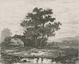 Two oaks and a wooden house, Hermanus Jan Hendrik van Rijkelijkhuysen, 1823 - 1883