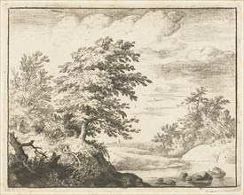 River Landscape with rowboat, print maker: Allaert van Everdingen, 1631 - 1675