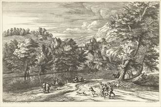 Landscape with river and boat Mooring, Adriaen Frans Boudewyns, Adam Frans van der Meulen, Lodewijk