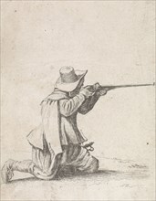 Kneeled soldier, his rifle berthing, Dirk Maas, Philips Wouwerman, 1708 - 1717