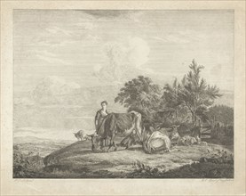 Landscape with shepherdess with her flock, print maker: Jacobus Cornelis Gaal, Pieter Gaal, 1852