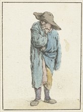 Standing farmer with hand and arm into his cloak, print maker: Jurriaan Cootwijck, Adriaen van