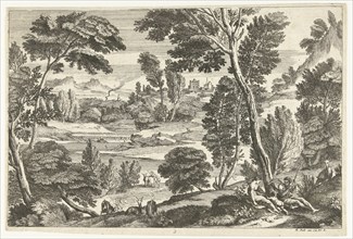 Family in landscape, print maker: Nicolas Guérard, Adriaen van der Kabel, N. Robert, 1648 - 1718