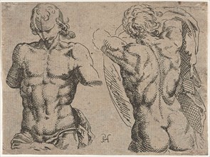 Study Sheet with two male torsos, Pieter Feddes van Harlingen, 1611-1623