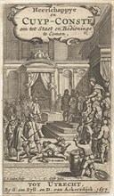 King on throne surrounded by nationals and cooper with barrel, Cornelis van Dalen II, Gijsbert van