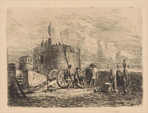 Soldiers in a coastal battery, print maker: Henri Adolphe Schaep