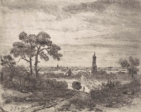 View of a city, Rhenen (?), With a church and a mill, leading a horse-drawn carriage with a figure