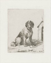 Sitting dog chained to a doghouse, Christiaan Wilhelmus Moorrees, 1811 - 1867