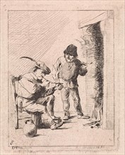 A standing and a seated peasant both smoking pipe by the fire, left a jar, David Teniers (II)