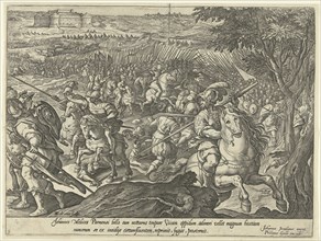 Cavalry skirmish, the siege of a fortress, series of prints by the history of Giovanni de Medici,