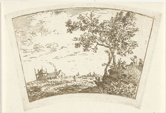 Landscape with a farm and a haystack left and right two figures on a hill, print maker: Cornelis