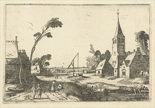 Village view with farms, church and well, print maker: Esaias van de Velde, Esaias van de Velde,