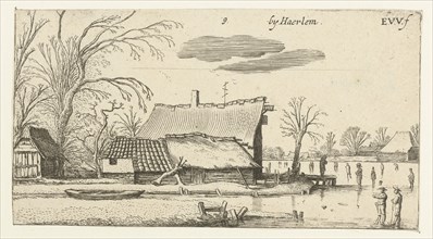 Farm in a frozen river with skaters, Esaias van de Velde, Anonymous, 1616
