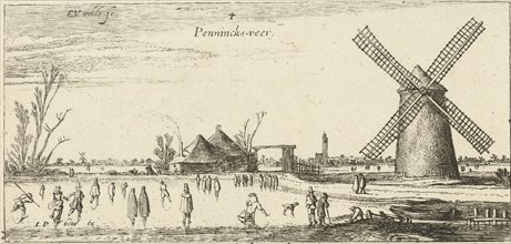 Skaters on the ice at a mill near Penningsveer, The Netherlands, Esaias van de Velde, 1615-1616