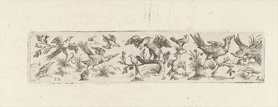 Frieze with eleven birds, in the middle is a large bird on a branch, print maker: Pieter