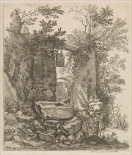 Expired stone gate in a landscape, Jacob Lutma, Frans Carelse, 1665 - 1683