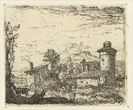 Italianate landscape with round tower and two goats, Karel Dujardin, 1652 - 1659
