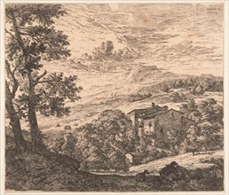 Hill landscape with houses and donkey and two sheep, Karel Dujardin, 1653