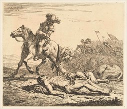 Battlefield soldier on horseback and two deaths, print maker: Karel Dujardin, 1652