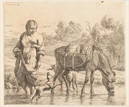 Woman and donkey standing in shallow water, a dog jumps up on her feet, Karel Dujardin, 1652 - 1659