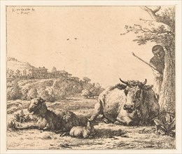 Landscape with shepherd tree and lying cow with sheep and lamb, Karel Dujardin, 1656
