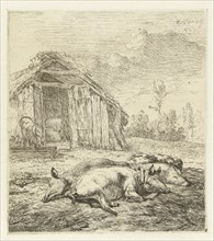 Three pigs, print maker: Karel Dujardin, Karel Dujardin, 1652