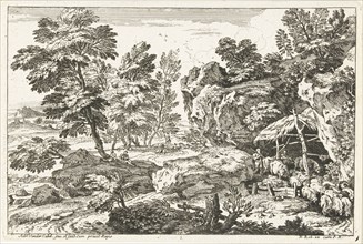 Landscape with sheepfold, print maker: Adriaen van der Kabel, N. Robert, 1648 - 1705