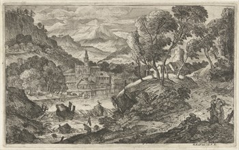 Landscape with waterfall and village, Adriaen van der Kabel, N. Robert, Lodewijk XIV (koning van