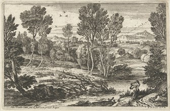 Landscape with woman walking along river, print maker: Adriaen van der Kabel, N. Robert, 1648 -