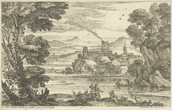Landscape with dog on waterfront, Adriaen van der Kabel, 1648 - 1705