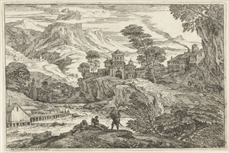 Landscape with three people at riverside, Adriaen van der Kabel, 1648-1705