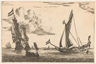 Two warships and hunting, print maker: Reinier Nooms, Arthur Tooker, 1650 - 1675