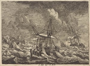 Three sailing ships in a storm near a rocky shore, Adam Silo, 1689-1760