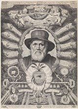 Portrait of Dirck Volckertsz Coornhert in allegorical frame, print maker: Theodor Matham, 1647 -