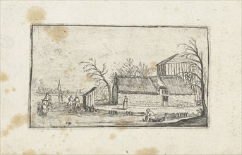 Frozen river with skaters on a farm, Esaias van de Velde, Anonymous, Johannes Pietersz.