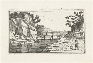 Rocky Landscape with road along river, Esaias van de Velde, print maker: Anonymous, Johannes